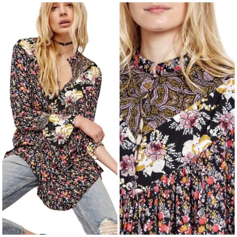 Free People Cottage Core Boho Floral Peasant Tunic Top XS